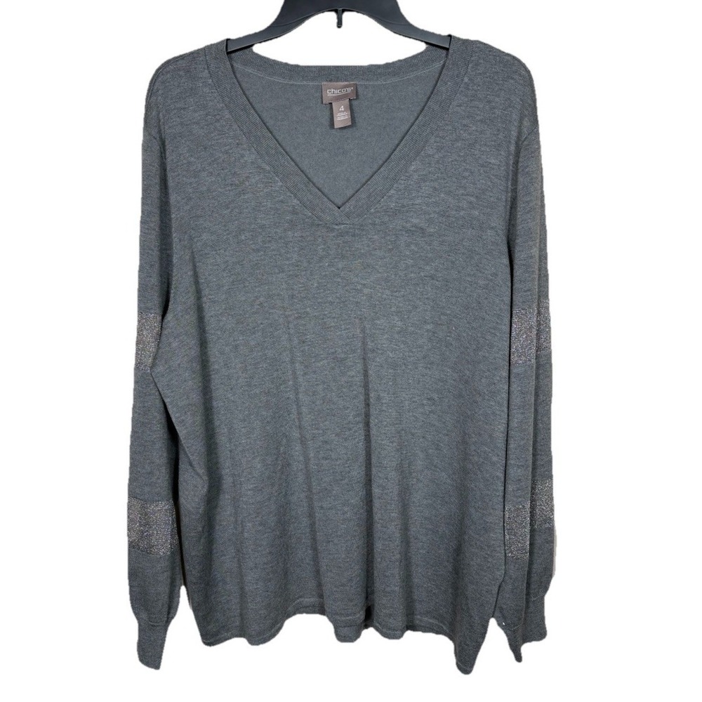 Chico's Gray V-Neck Top Size 4 (US XXL) Metallic Stripe Classic Contemporary